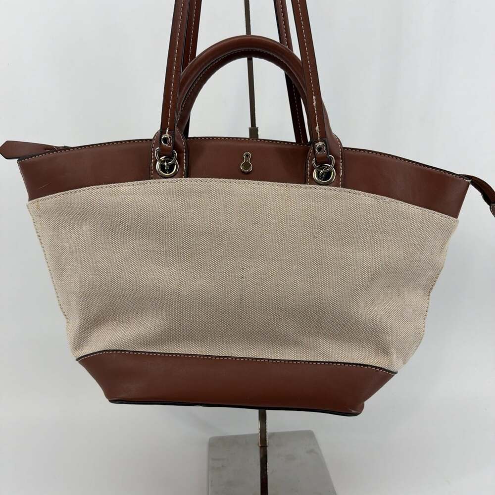 Londen Fog Beige Canvas And Brown Vegan Leather Shoulder Purse Removable Strap